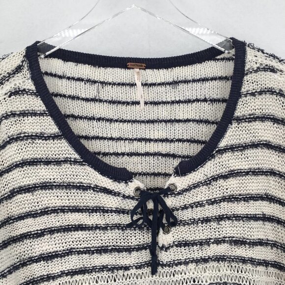Free People Judy Punk open weave sweater stripe navy blue lace tie Small - Picture 3 of 5